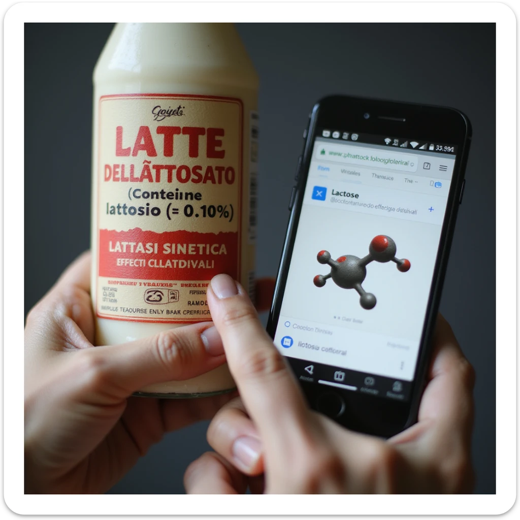 extreme close-up of a product label with 'LATTE DELATTOSATO (contiene lattosio <0.1%)' highlighted in red, a man's finger pointing at the label, phone screen showing a Google search for 'Lattasi sintetica effetti collaterali', and a lactose molecule floating ominously, hyper-realistic sticker