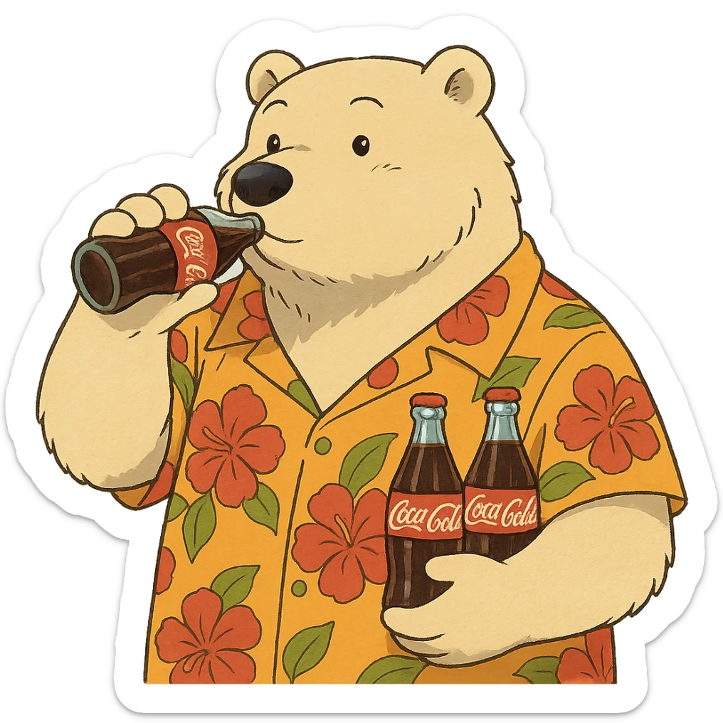 ghibli style polar bear in a Hawaiian shirt with Coke bottles, drinking Coca-Cola sticker