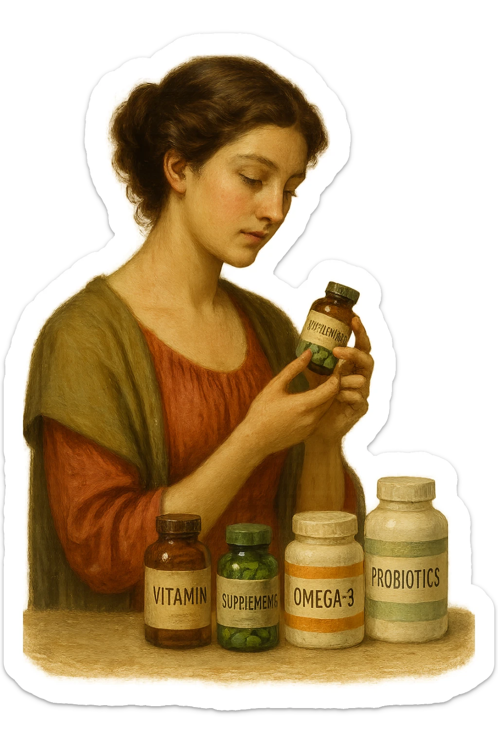 Donna che sta scegliendo integrazione per il suo benessere in italiano sticker