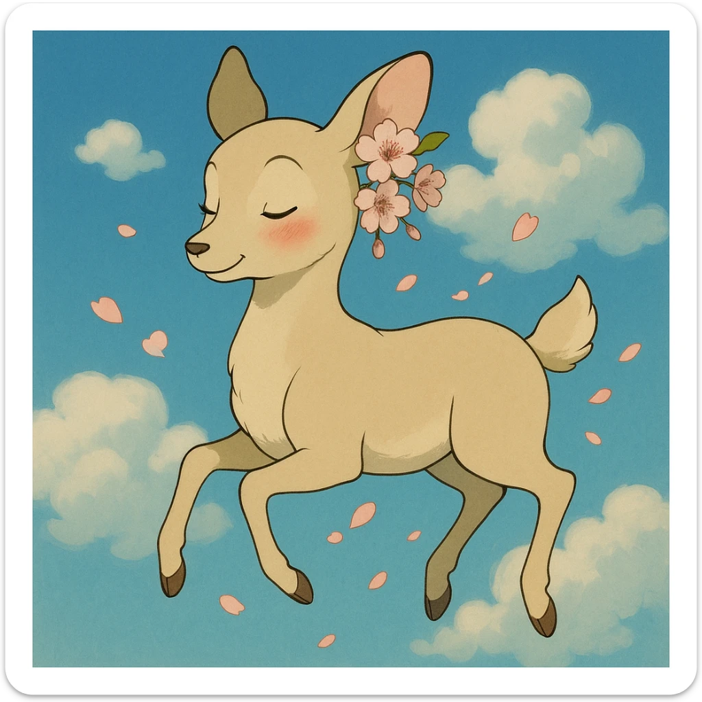 feminine adult vanilla cloud doe with rosy cheeks and cherry flowers, floating gracefully, Ghibli style sticker