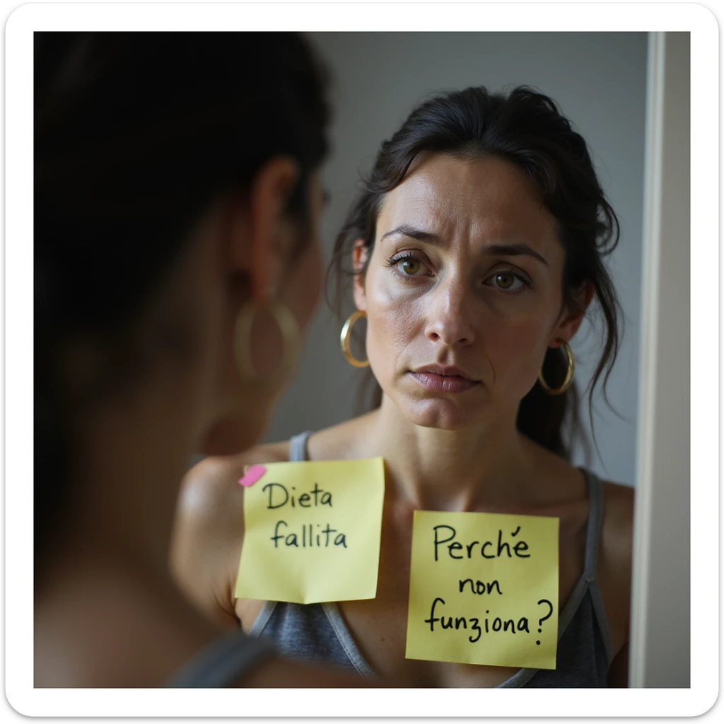 adult woman, photorealistic, close-up in front of mirror, post-it notes on mirror with writings 'Dieta fallita' and 'Perché non funziona?', sad expression, natural light, bathroom background sticker