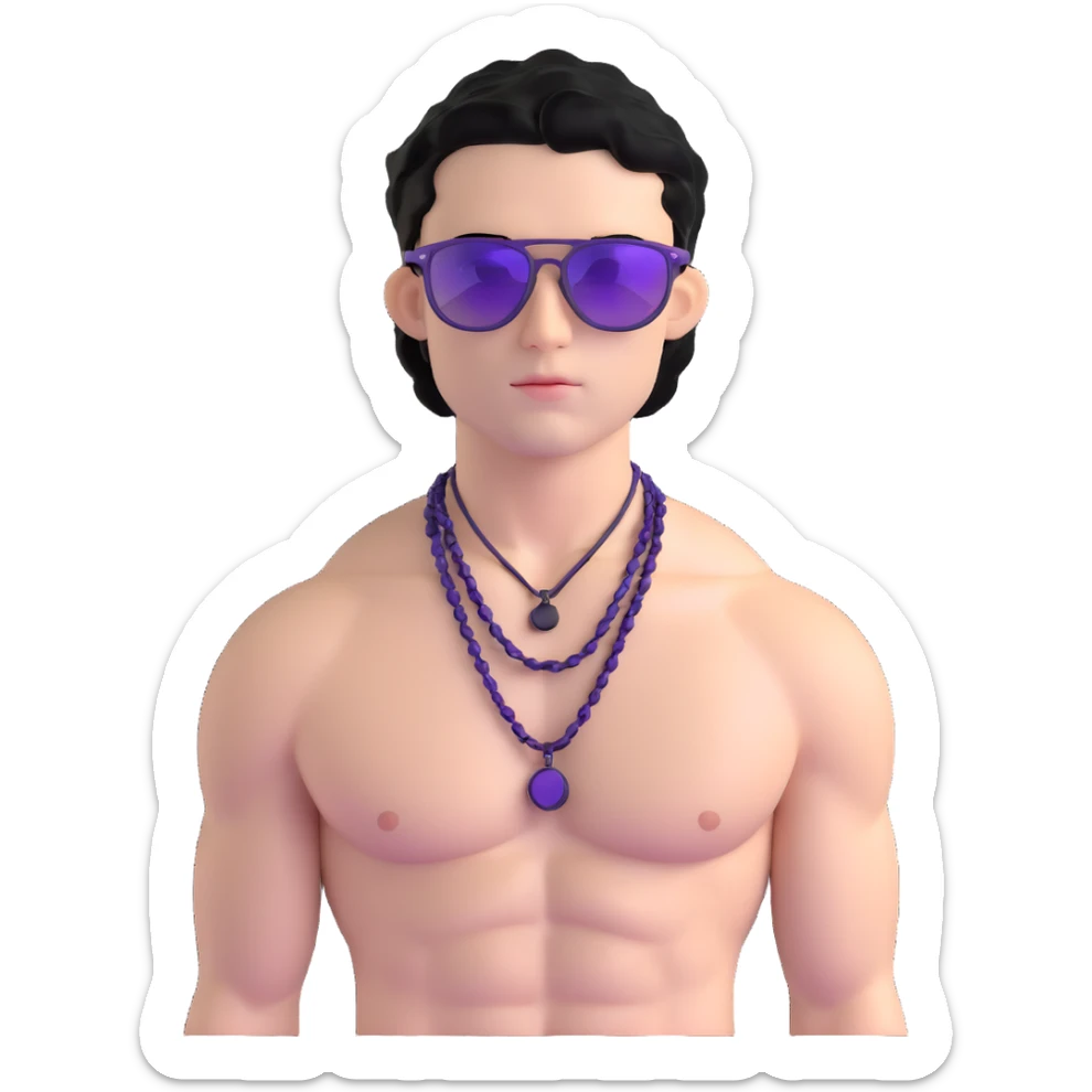 shirtless male athlete with white skin and moderately curly black hair on top with shaved sides, wearing purple sunglasses with black tinted lenses and a plain black chain necklace without pendant sticker
