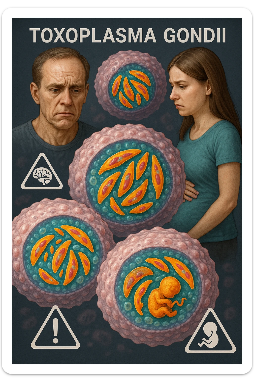 Toxoplasma gondii, infetta uomo immunodepresso e donne incinta. Causando gravi problemi tutto scritto in italiano immagine iperrealistica sticker