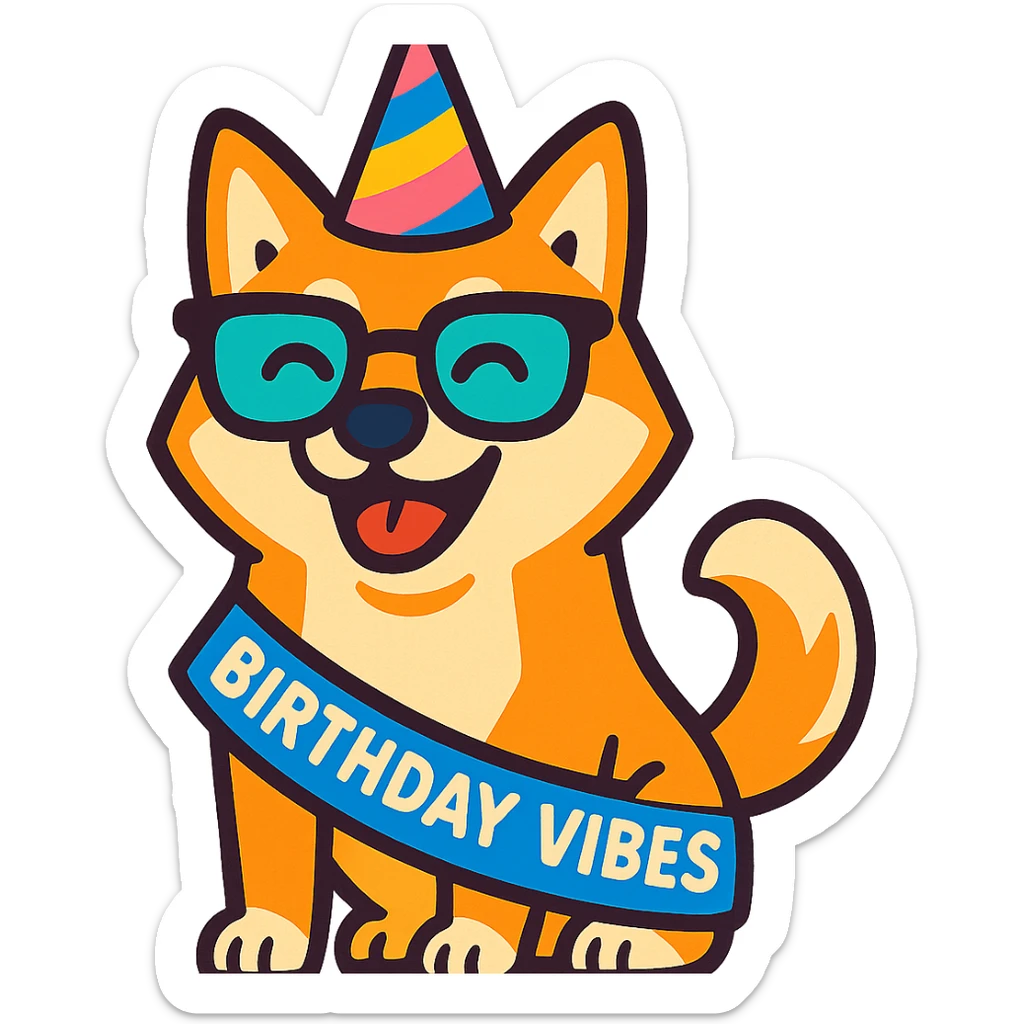 Shiba Inu wearing a "Birthday Vibes" sash and glasses, vibrant-toon style, transparent background sticker