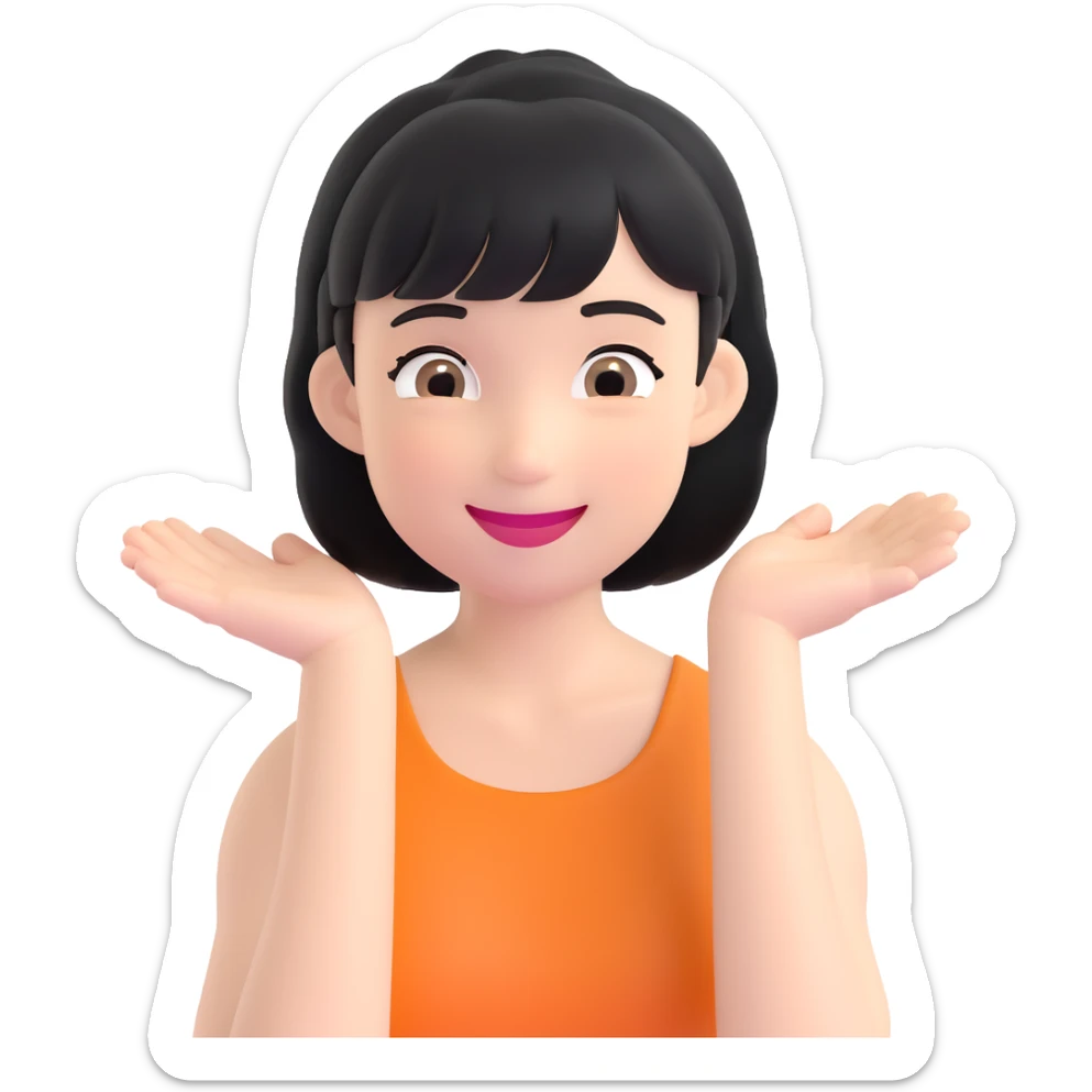 chica con pelo negro corto por los hombros, flequillo y expresión alegre sticker