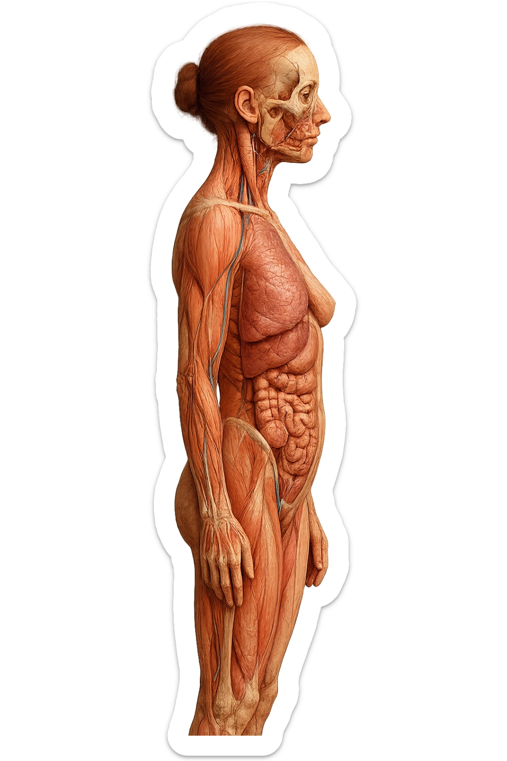 corpo umano anatomico di profilo di una donna con fondoschiena piatto, iperrealistico 4k sticker