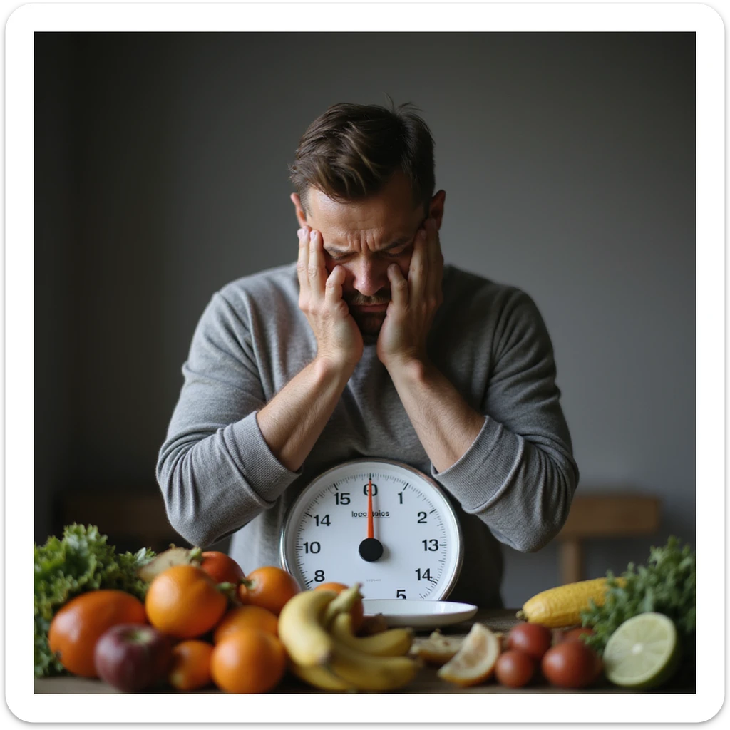 realistic 4K image of a man weighing himself on a scale, worried face, next to a pile of healthy foods, realistic atmosphere sticker
