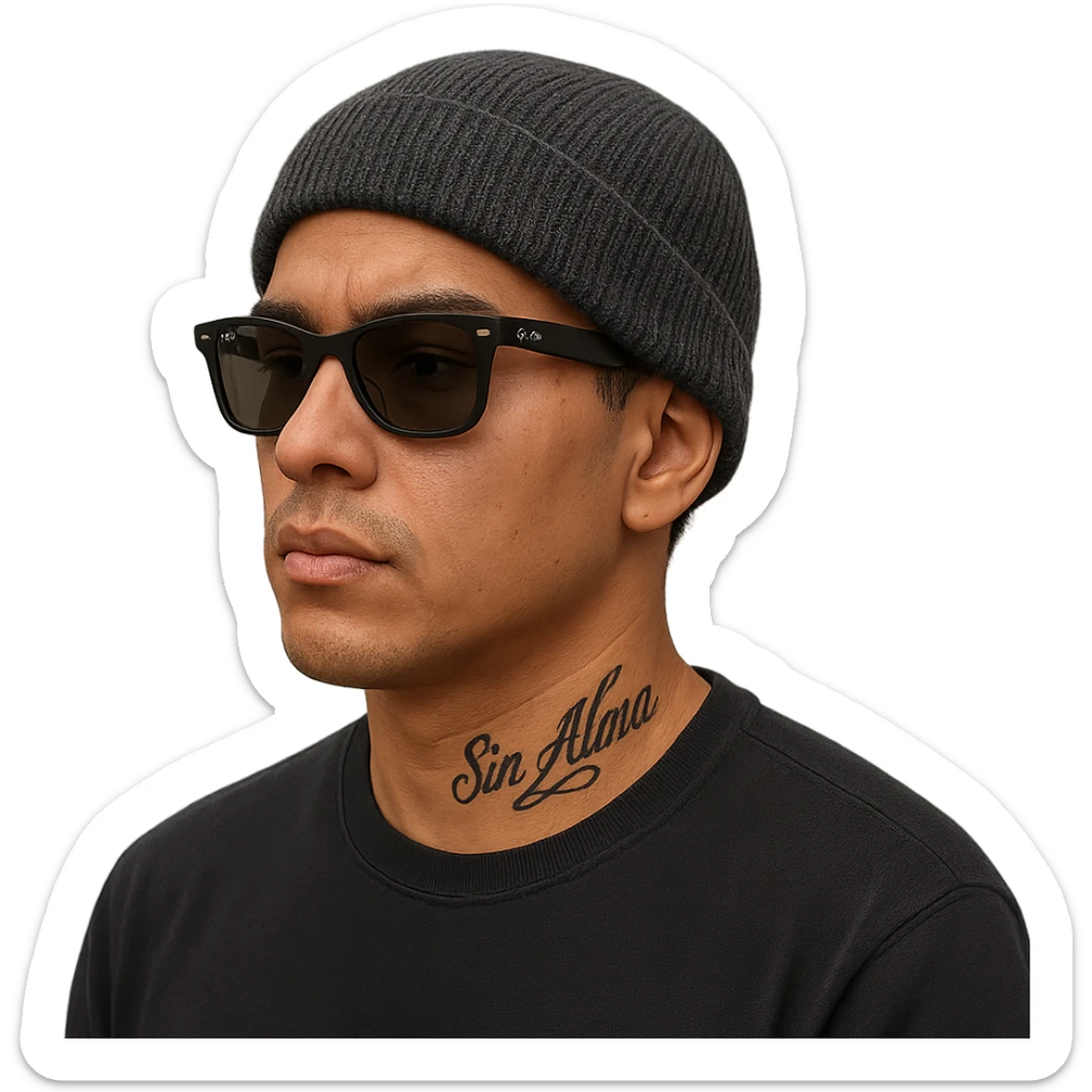 Latino male wearing a beanie and Ray-Bans, black long sleeve shirt, no facial hair, tattoo on neck that says 'Sin Alma', realistic style, no background sticker