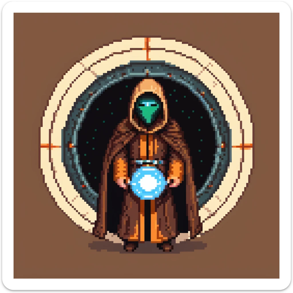 Cloaked figure with brown robe and sci-fi mask emerging from an energy portal sticker