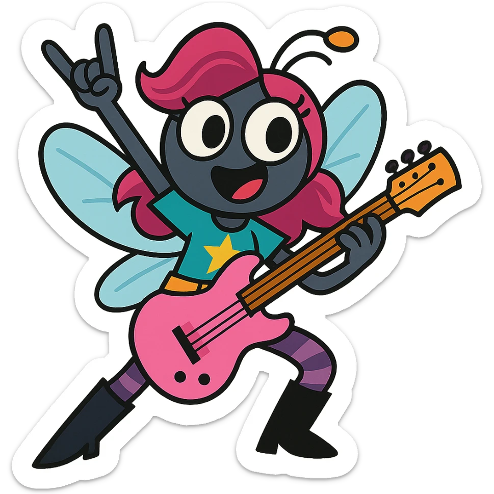 young female fly with magenta hair, big eyes, teal shirt with star, golden belt, black boots, purple-striped leggings, holding a pink guitar, rockstar pose, playful and energetic sticker
