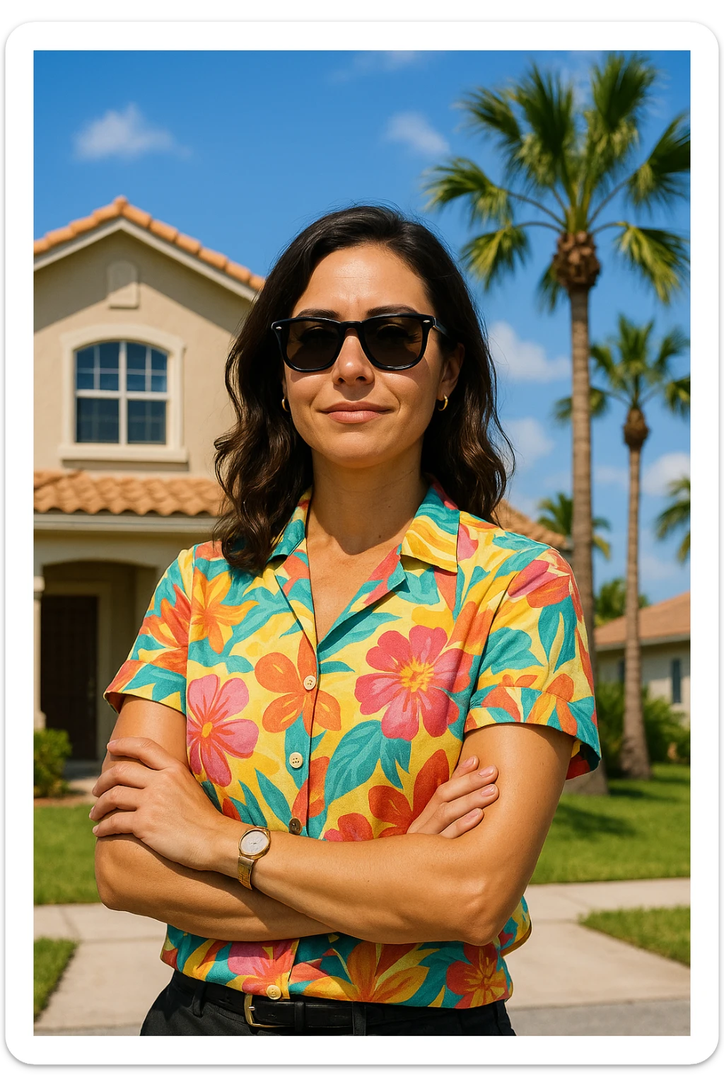 female real estate agent with sunglasses, summer vacation style, colorful shirt, confident expression, sunny background sticker