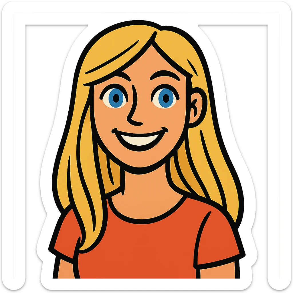cartoon style portrait of a smiling female with long blonde hair and blue eyes sticker
