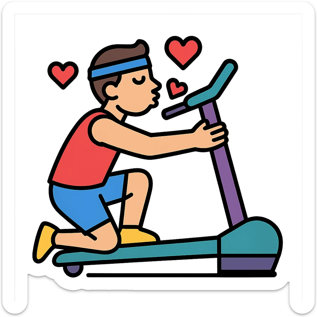 the sportsman is hugging and kissing the treadmill. They are surrounded by red hearts sticker