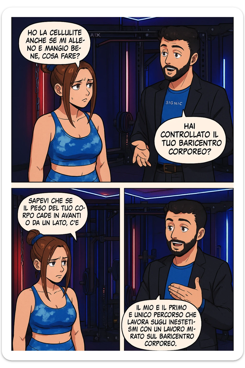 TRASFORMA QUESTO CAROSELLO IN UN FUMETTO STILE MANGA A COLORI CON QUESTE DUE PERSONE IDENTICHE CHE INTERLOQUISCONO TRA LORO:

LEI: Ho la cellulite anche se mi alleno e mangio bene, cosa posso fare?

LUI: Hai controllato il tuo baricentro corporeo?
LUI: Sapevi che se il peso del tuo corpo cade in avanti o da un lato, c’è un disallineamento fra bacino e torace, che comprimendo le coste, limita la motilità del diaframma e l’ossigenazione dei tessuti?
LUI: Il mio è il primo e unico percorso che lavora sugli inestetismi con un lavoro mirato sul baricentro corporeo. sticker