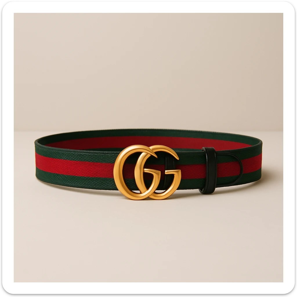 Change the belt band to green, black, and red stripes, keep the gold GG buckle and luxury look, maintaining a high-end fashion style. sticker