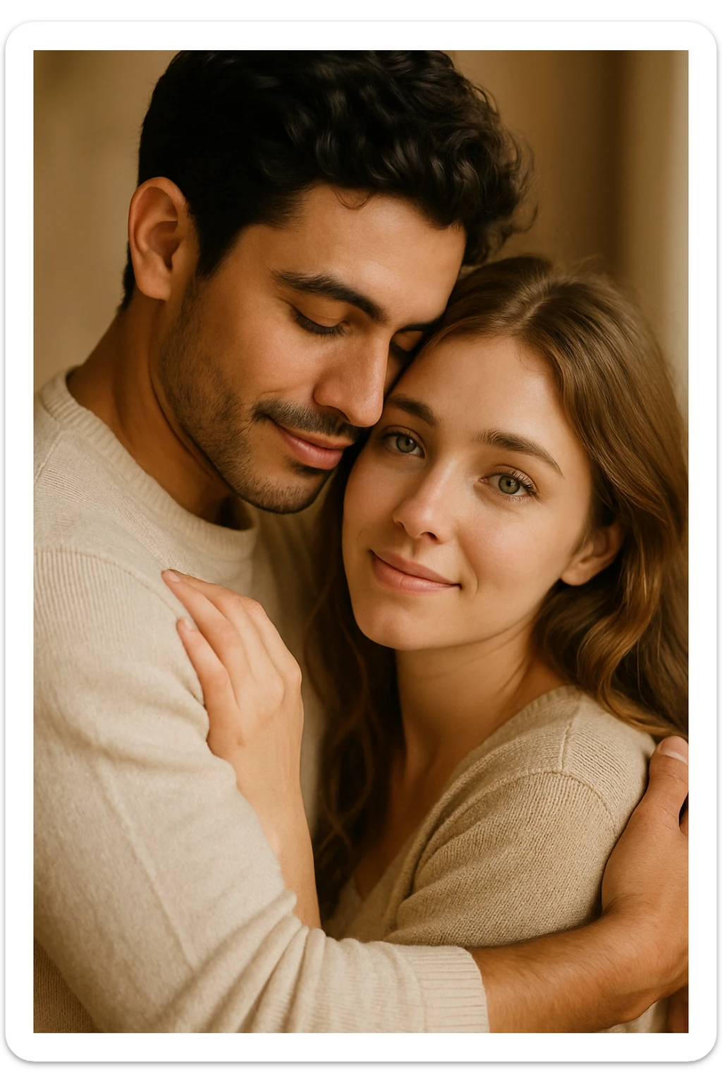 romantic hug, Latin male with dark hair, female with green eyes, gentle and loving atmosphere, warm and affectionate scene sticker