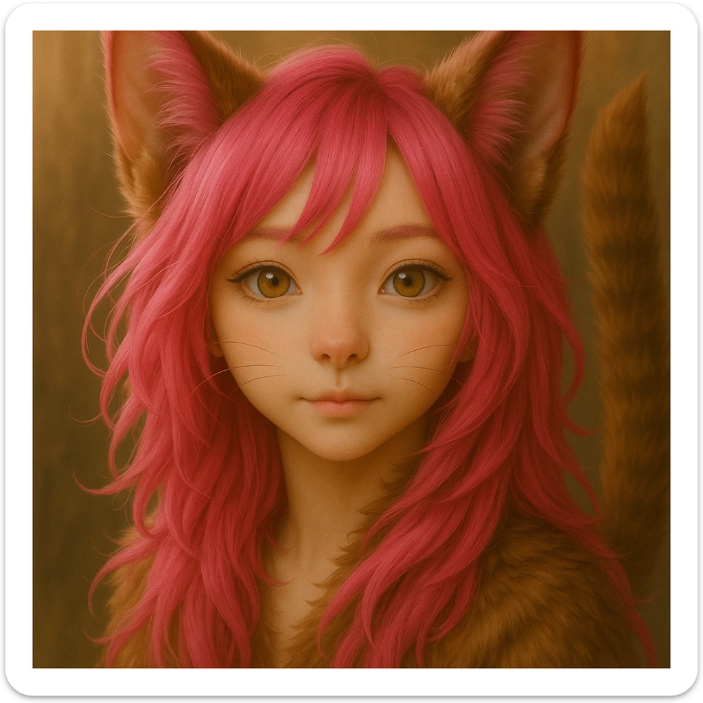 Change the hair to a lively pink color, preserving the realistic anime catgirl style and enhanced feline features, keeping the original artistic style. sticker