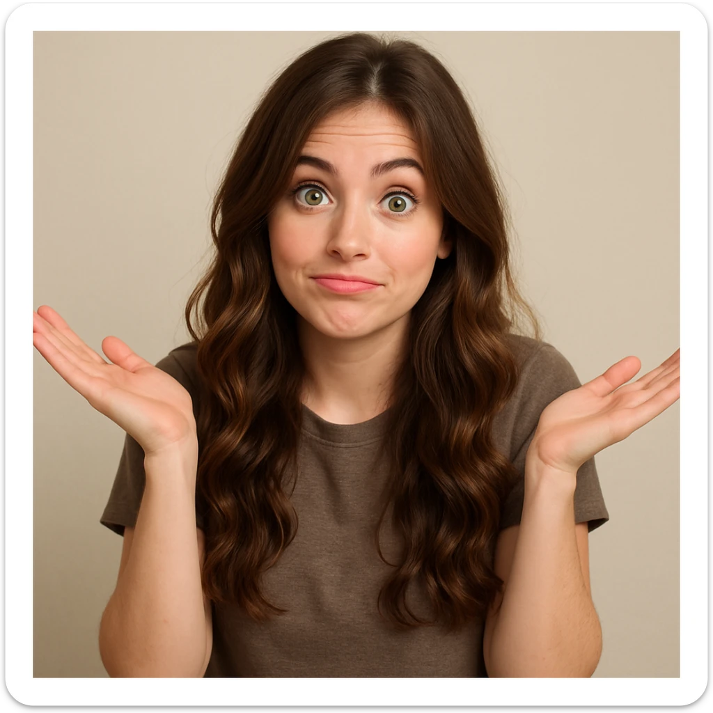 girl with long brown wavy hair, green eyes, shrugging, playful expression, upper body, simple background sticker
