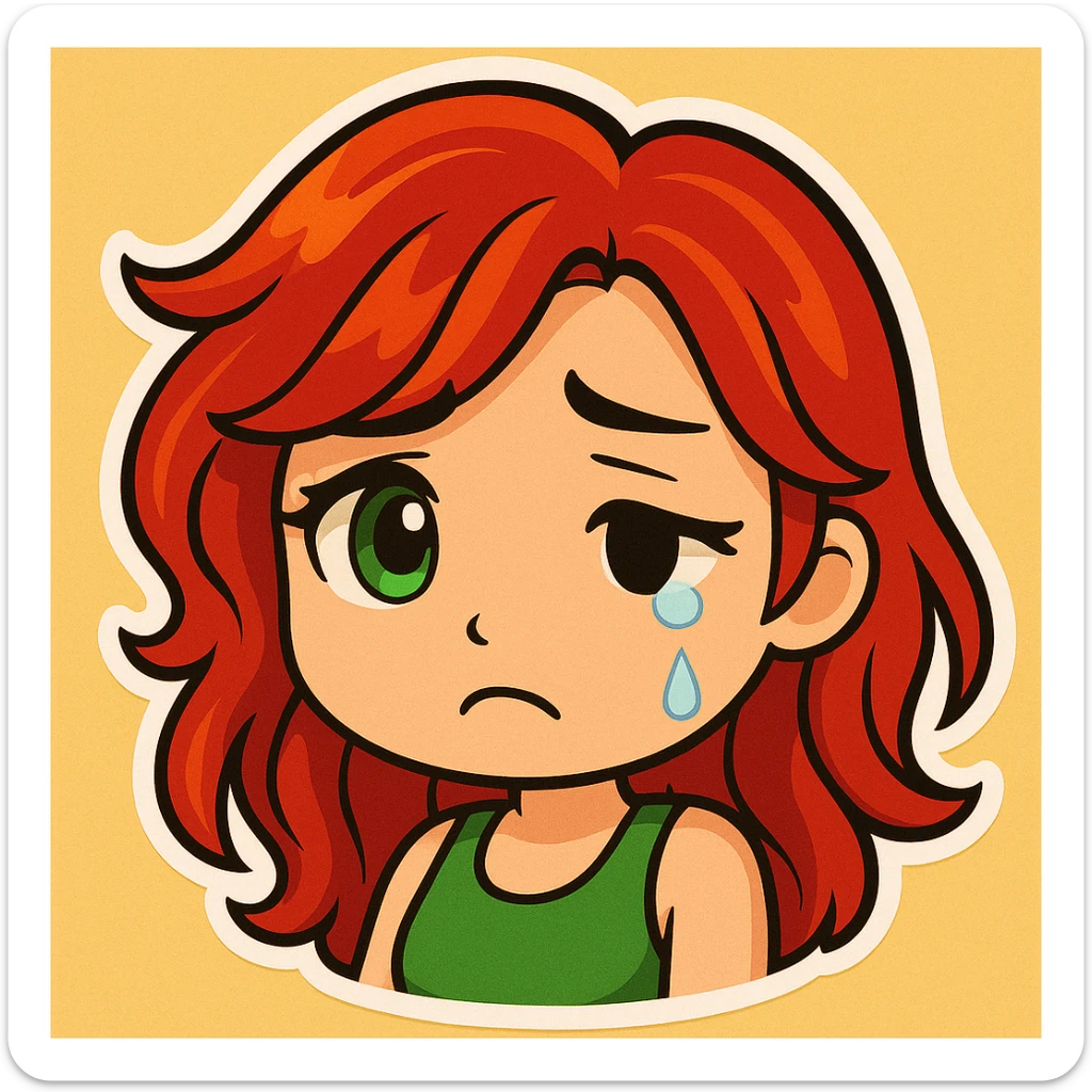 Edit the girl's face to have a sad, teary-eyed expression, keeping the original cartoon style and quality consistent with chibi stickers style. sticker