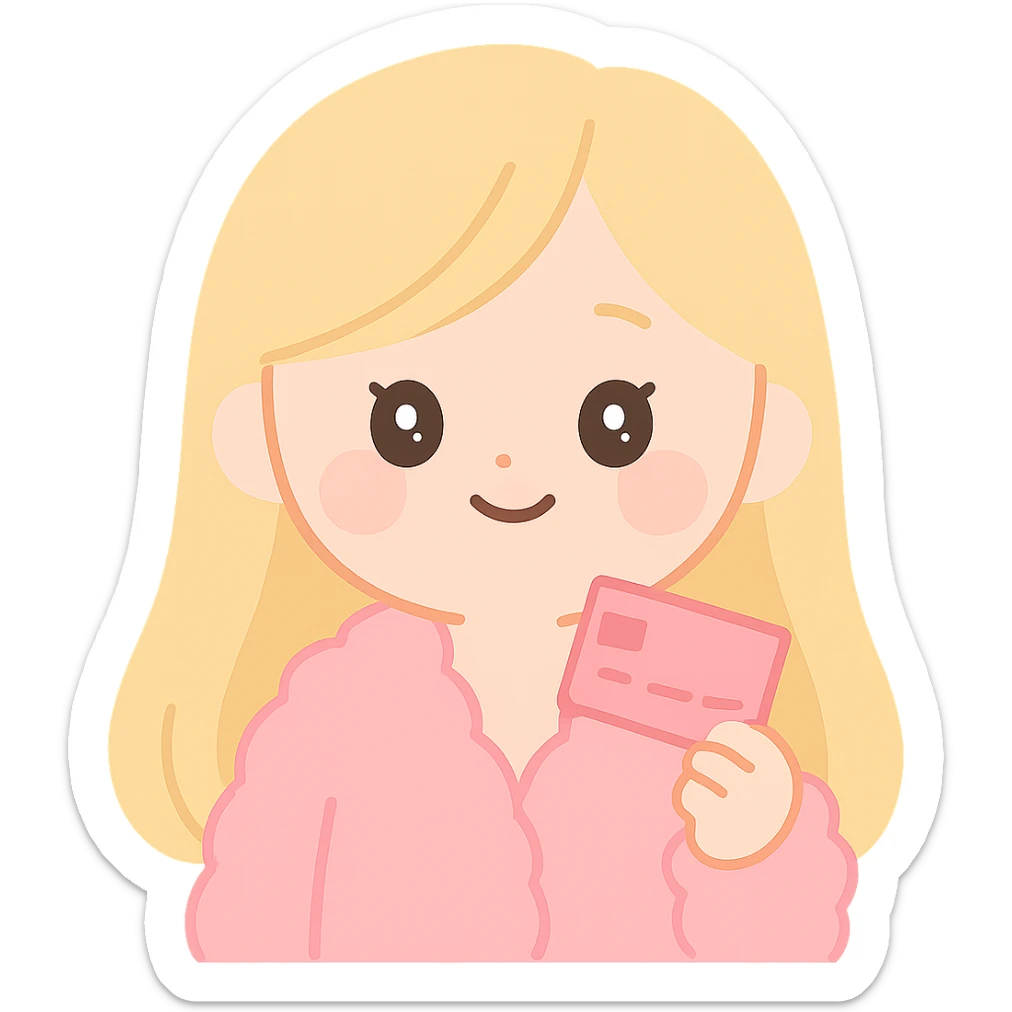 blonde girl with long hair, pink fur jacket, holding a pink credit card, cute and playful sticker