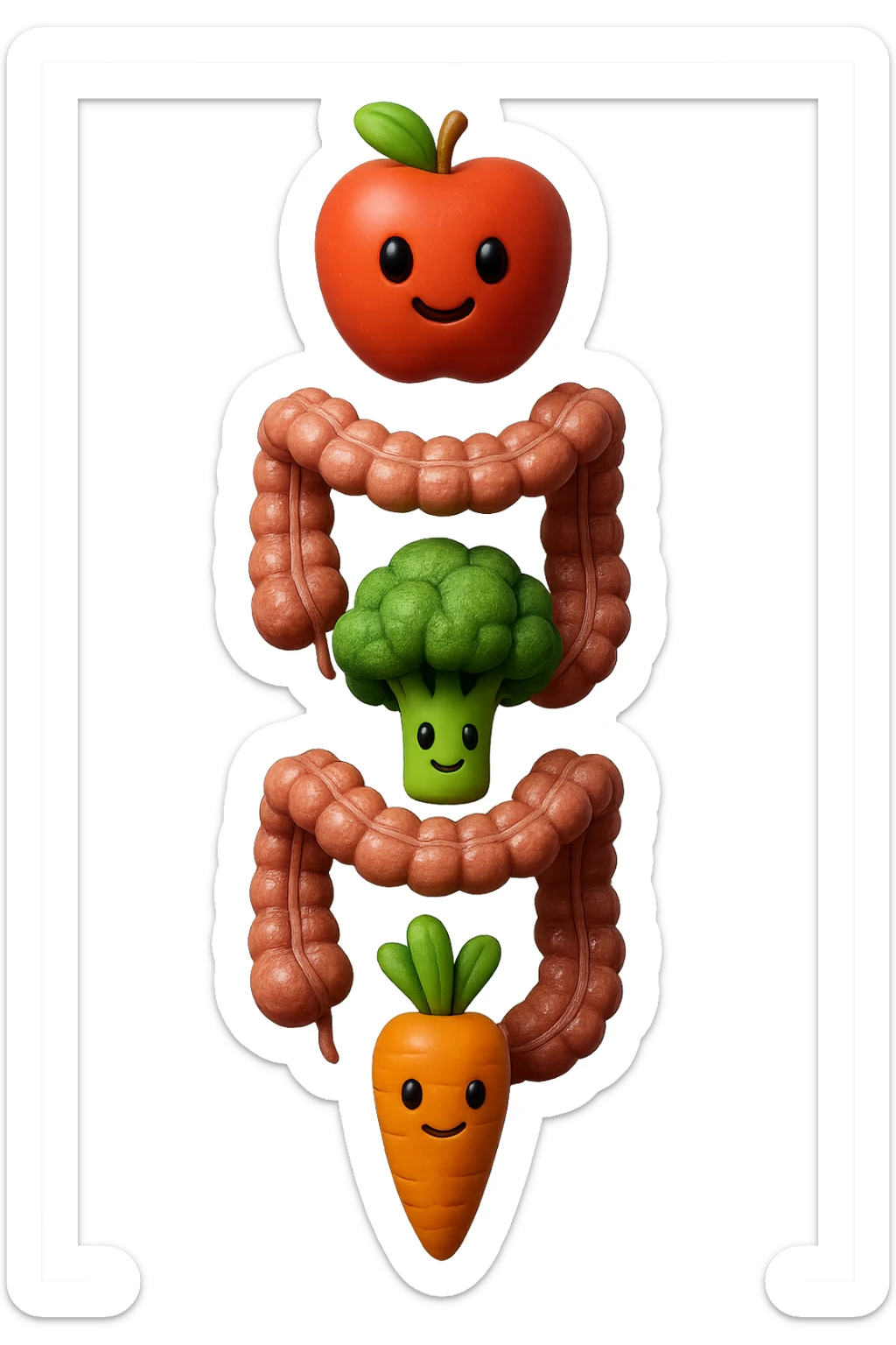 emoji stile iphone in 3d di cibo sano che fluttua in aria vericalmente insieme ùa pezzi di colon umano anatomico, iperrealistico 4k sticker