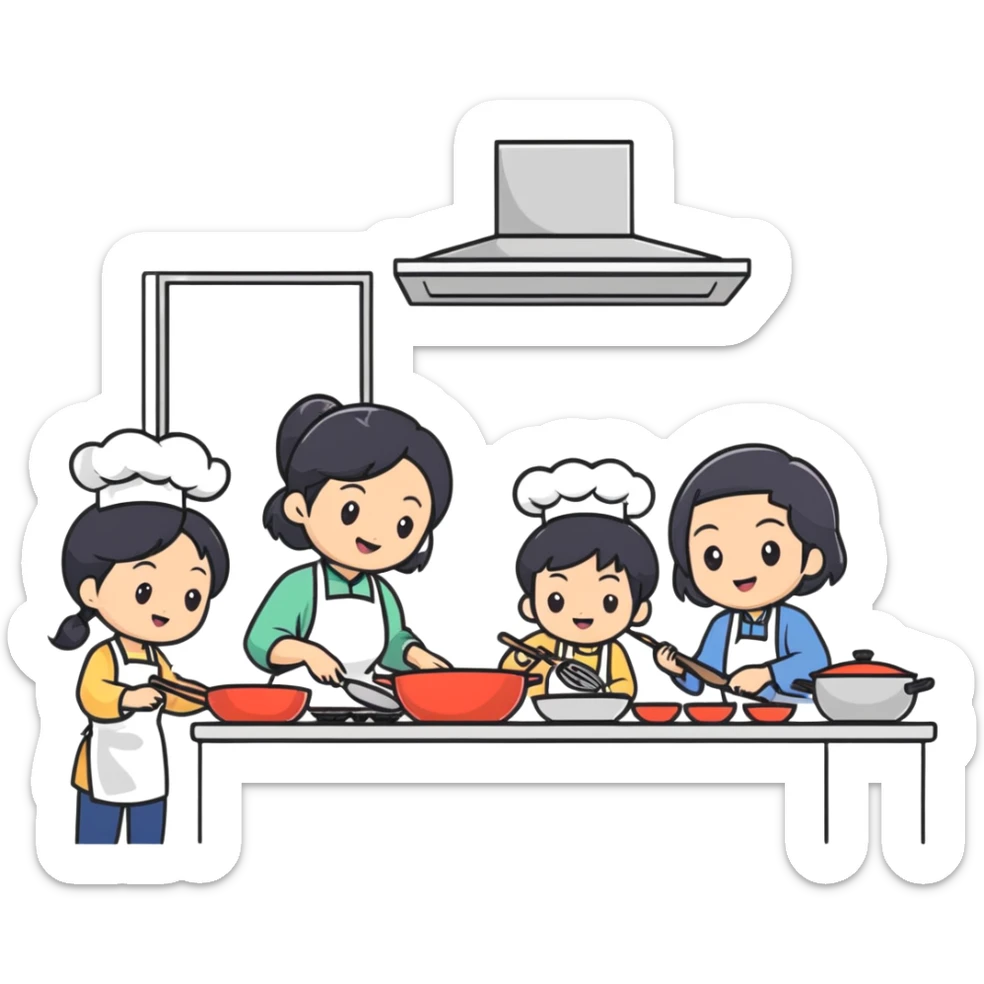 East Asian family with black hair cooking together in the kitchen sticker