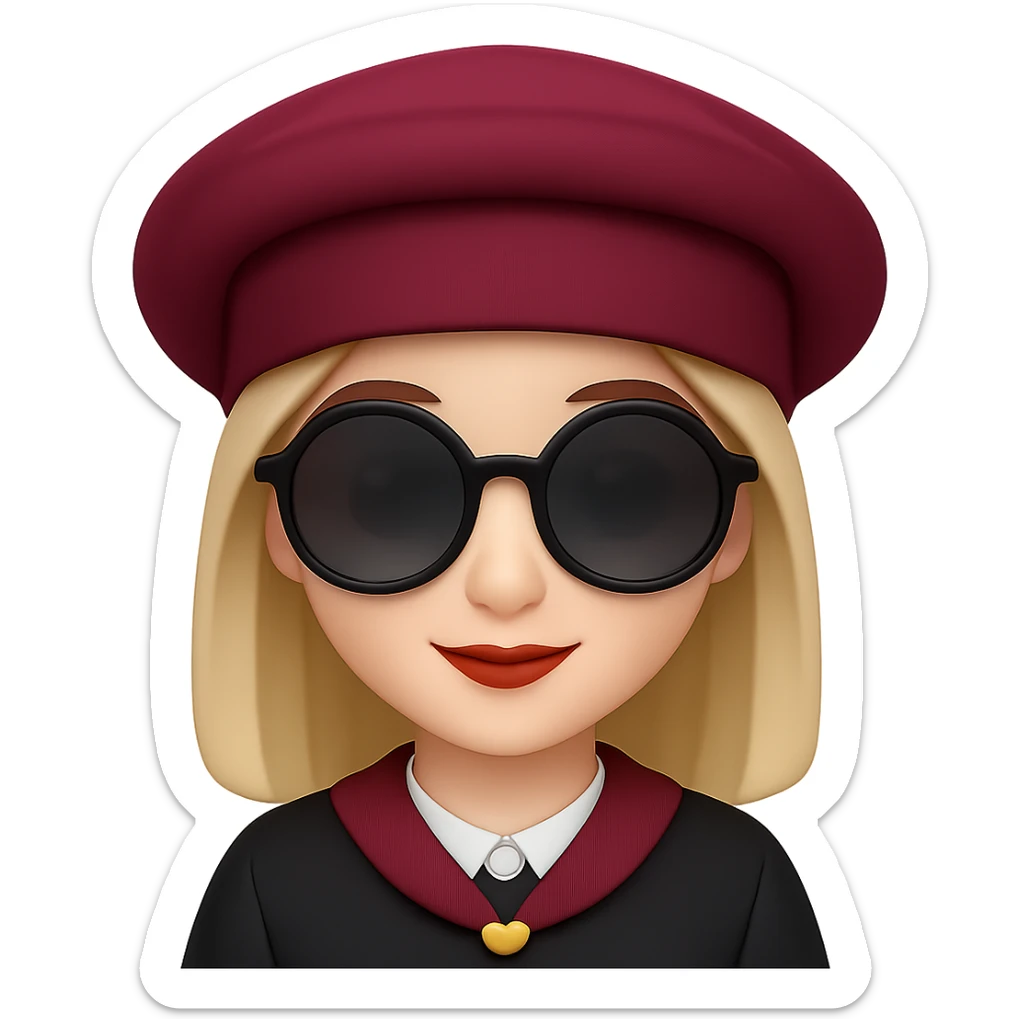 Add stylish sunglasses to the girl with a burgundy hat in the style of emoji, keeping the emoji style look. sticker
