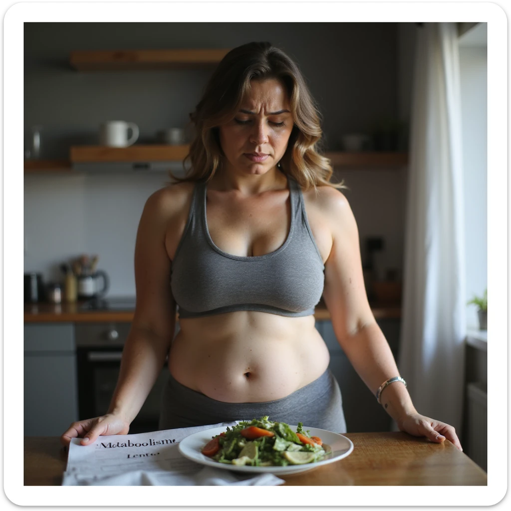 hyperrealistic 4K detailed image of a woman with PCOS, body with fat accumulation on abdomen and hips, wearing sportswear, frustrated expression, plate with salad in front, holding a sheet with visible text 'Metabolismo lento', domestic environment sticker