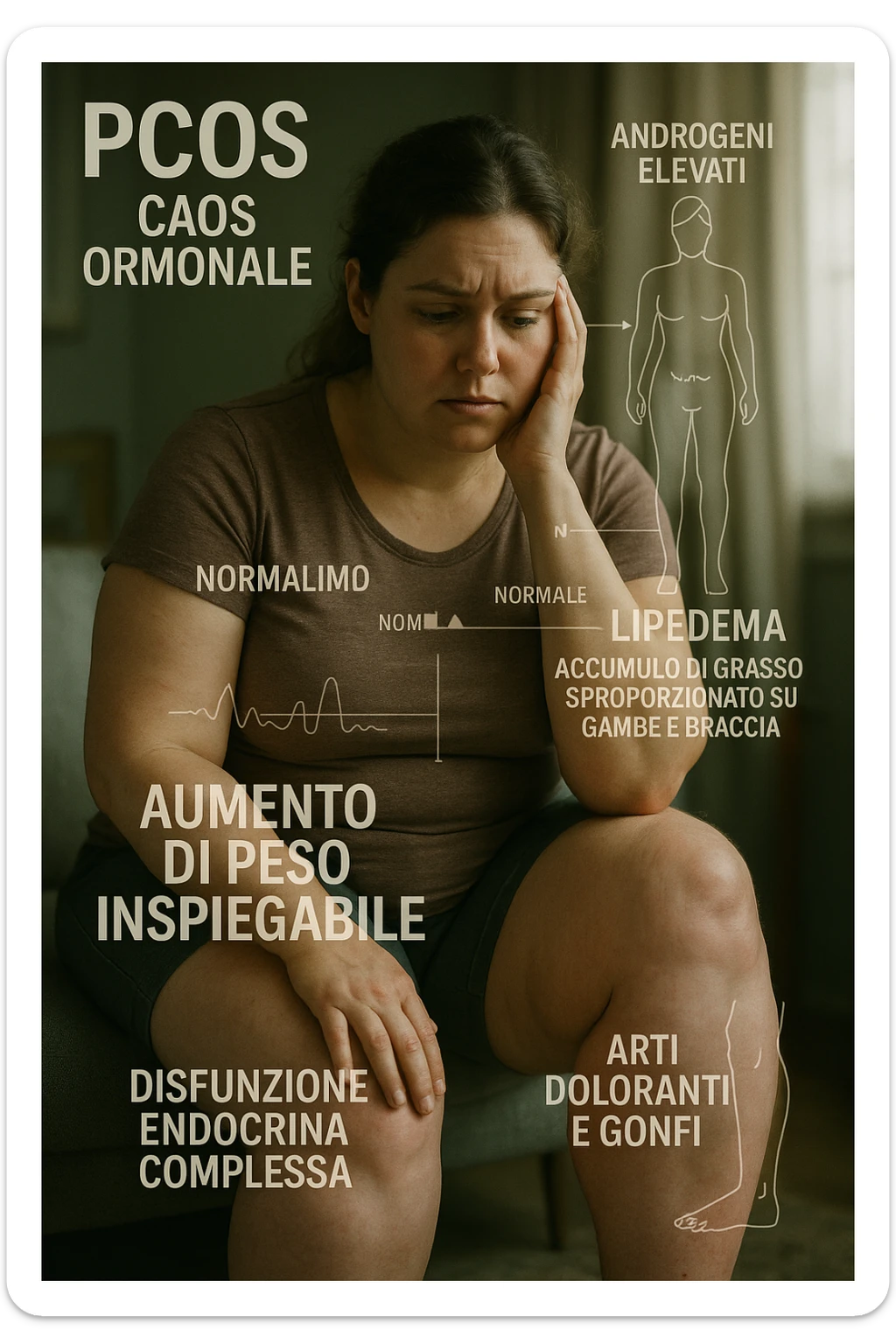 cinematic realistic Woman with PCOS struggling with hormonal chaos, transparent overlay showing elevated androgens and insulin resistance affecting her body, lipedema causing disproportionate fat accumulation in legs and arms despite normal torso, expression of frustration with unexplained weight gain, medical charts showing complex endocrine dysfunction, painful swollen limbs contrasting with metabolic confusion scrivi i testi in italiano sticker