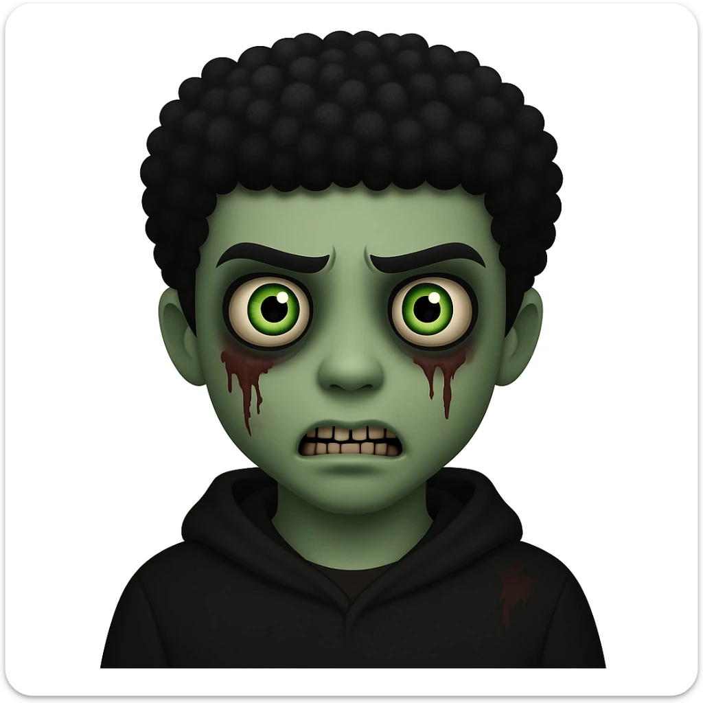 Change the hair to a Black hairstyle with tight curls or afro and add a black hoodie. Keep the boy zombie's green skin, emo vibe, and creepy expression. sticker
