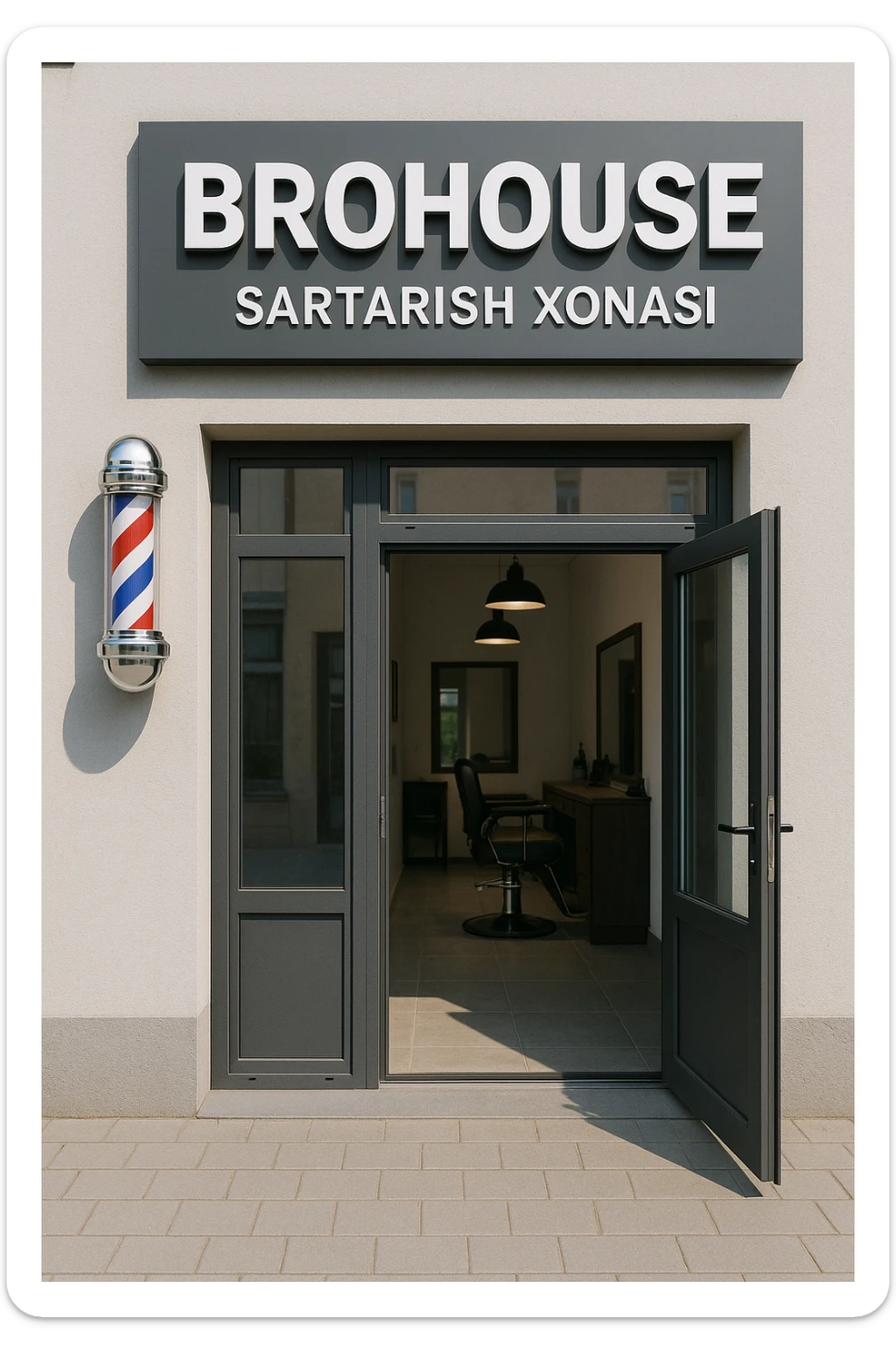 endi menga brohouse sartarish xonasini tashqaridan chizib ber eshigi ochiq bulsin faqat sticker