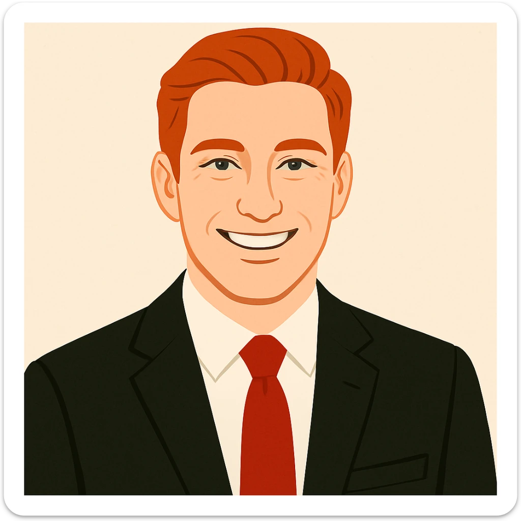 Headshot of a red-haired man in a black suit with a red tie, smiling, showing only the head and a bit of the torso, no beard, clean modern illustration style. sticker