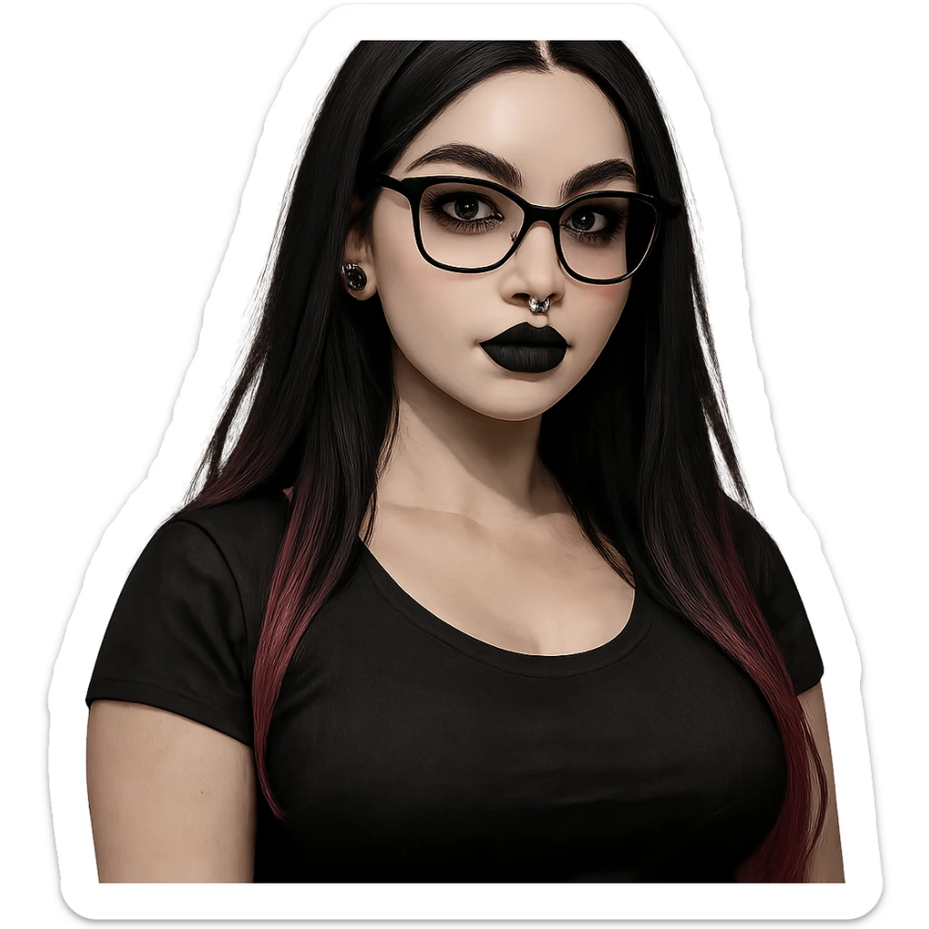 bust-up view of a pale-skinned girl with facial piercings, long straight black hair fading to pink, bold dark makeup, glasses, and curvy figure sticker