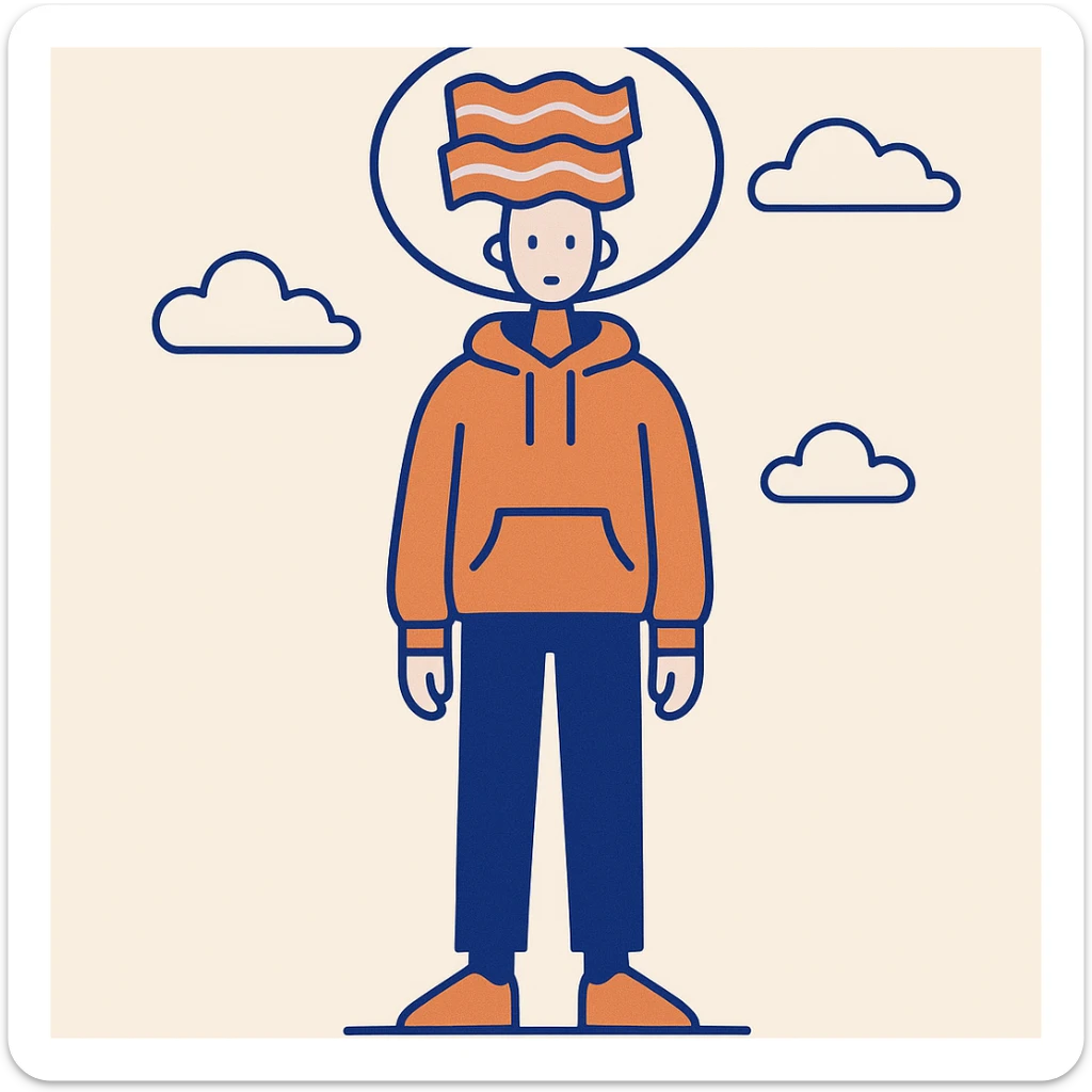 person with bacon hair, very small head, orange hoodie, black trousers, orange shoes, gamer chain around head, clean modern illustration style sticker