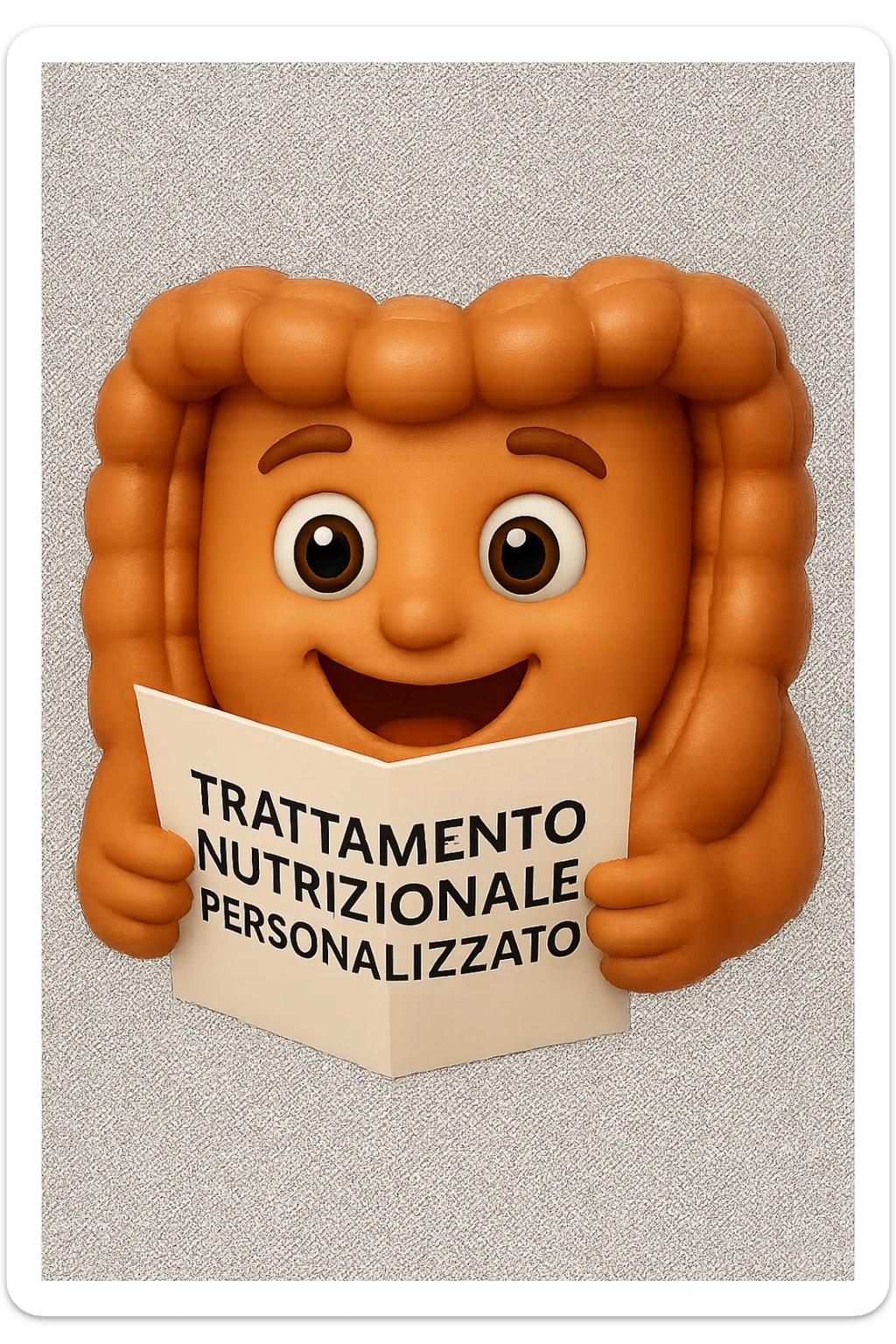 emoji stile iphone di un intestino felice che legge un foglio con la scritta "trattamento nutrizionale personalizzato", non fargli il naso, iperrealistico 4k sticker
