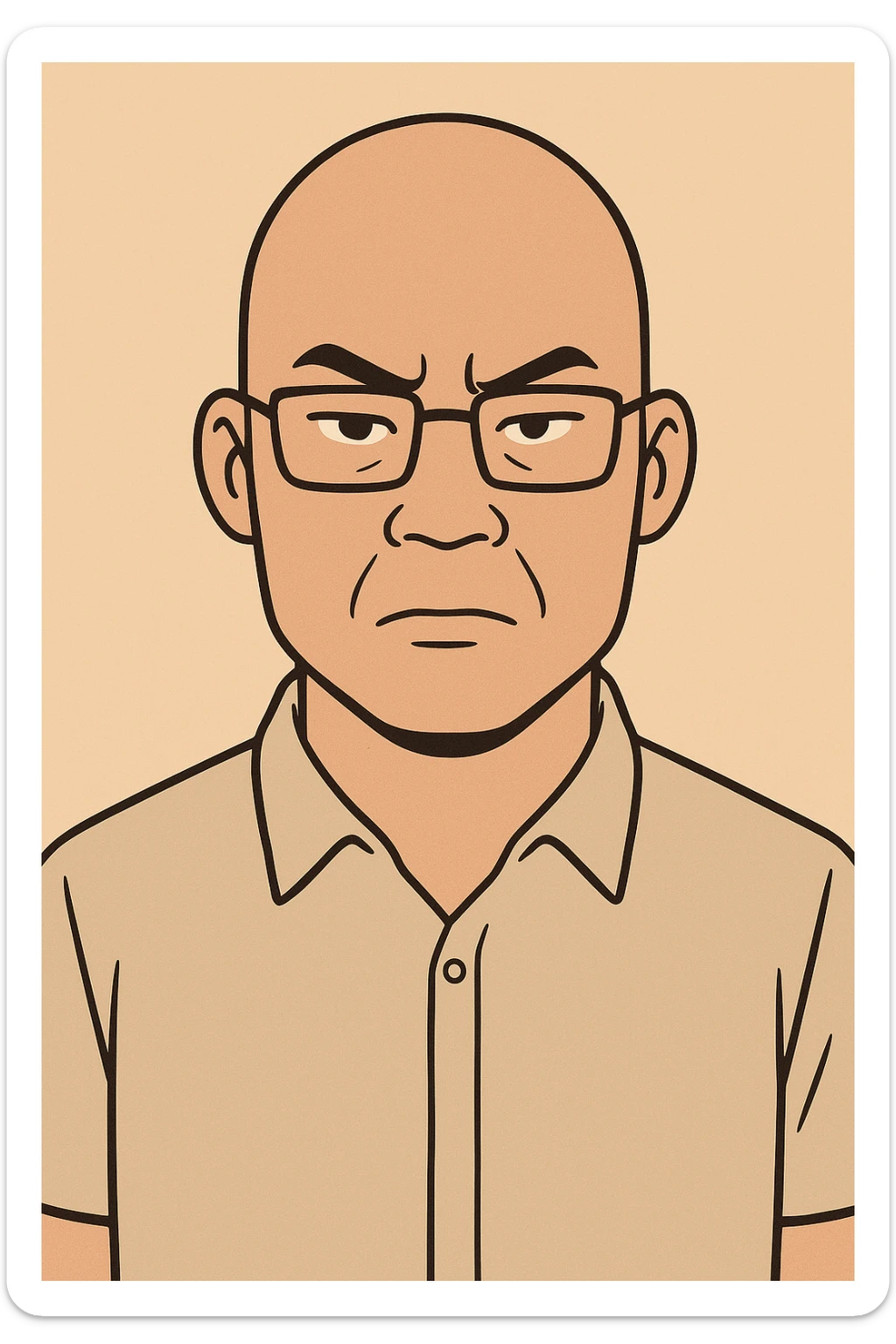 cartoon style, Asian man with shaved head and glasses, serious look, plain background sticker