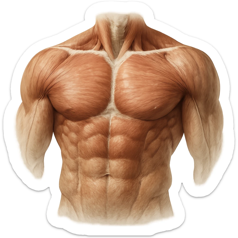 well-muscled pectoral anatomy, anatomical details, hyper realistic style, natural colors, clean atmosphere, white background sticker