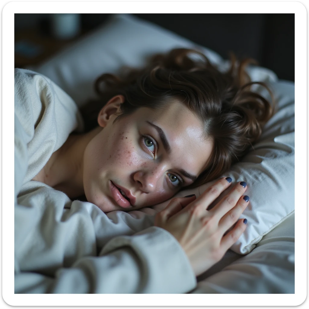 hyperrealistic 4K image of a woman with PCOS picking up hair from pillow upon waking, face with acne and facial hair, shocked expression, thinning hair, domestic environment sticker