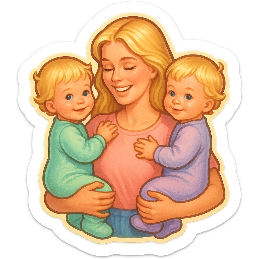 mom with long light blonde hair holding two one-year-old twin girls with short light blonde hair, all wearing pastel outfits, retro stickers style, soft shadows, various pose options sticker