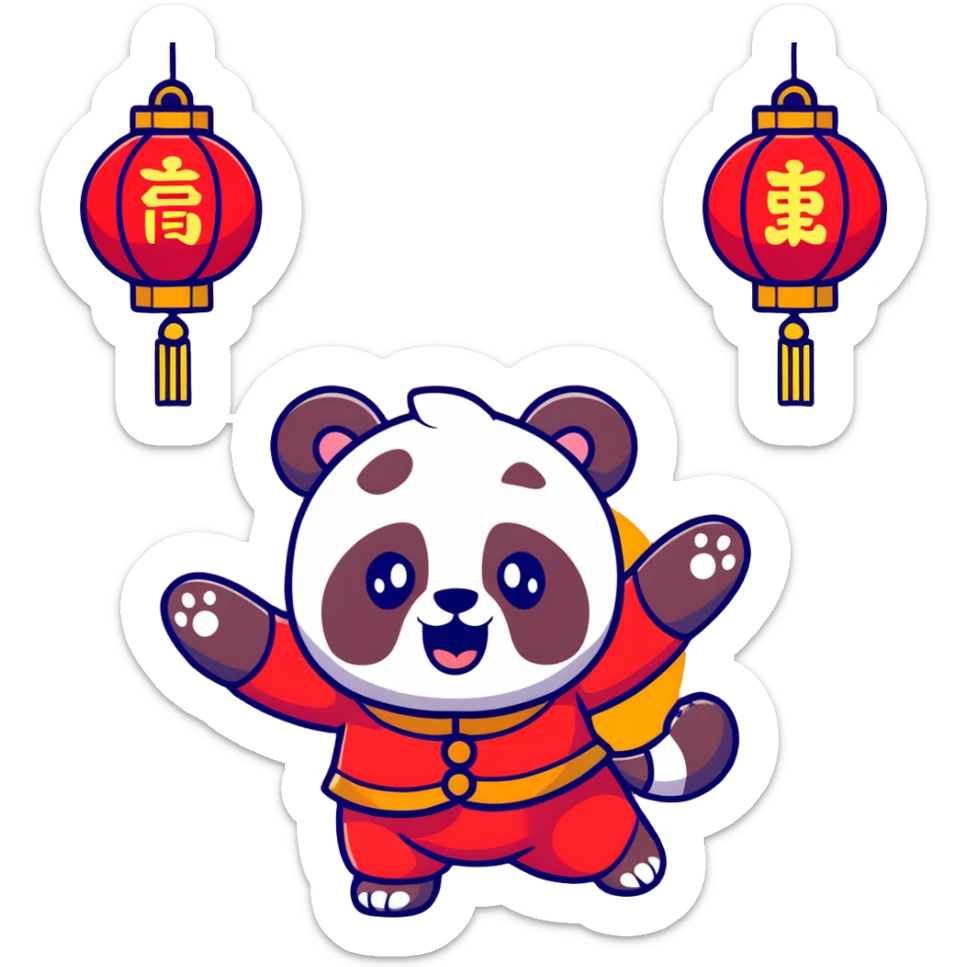 cute panda wearing red and gold Tang suit performing lion dance, head wearing red and gold lion head, both hands holding lion head jumping, background with golden firecrackers, lanterns and auspicious clouds, main color bright red with gold details, rich New Year atmosphere, cartoon sticker style sticker