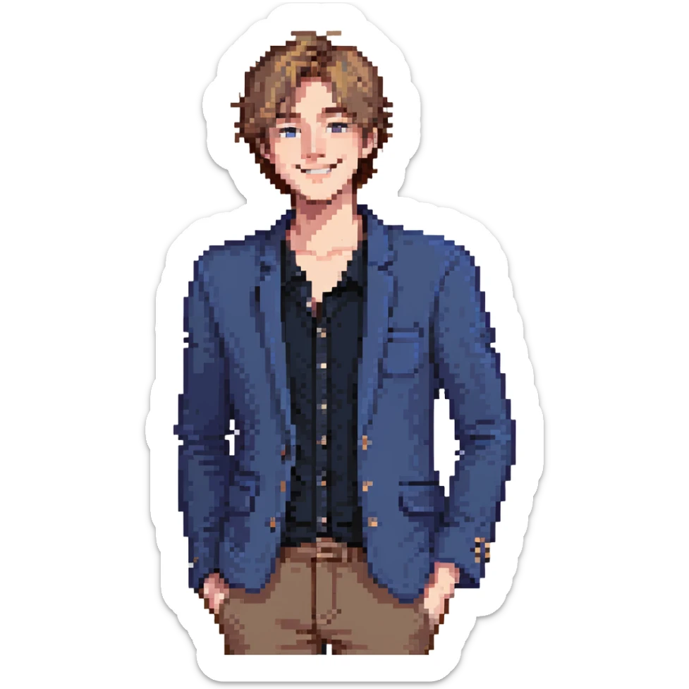 Flat pixel are, lively and clever male debater, fair skin, short messy light brown hair, sharp eyes with a mischievous smile, wearing indigo blazer over a casual t-shirt, one hand raised mid-gesture, waist-up, front-facing sticker
