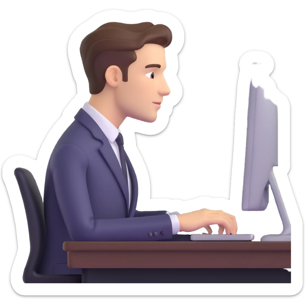 hombre con vestimenta semi-formal, de perfil, frente a una computadora en una mesa sencilla sticker