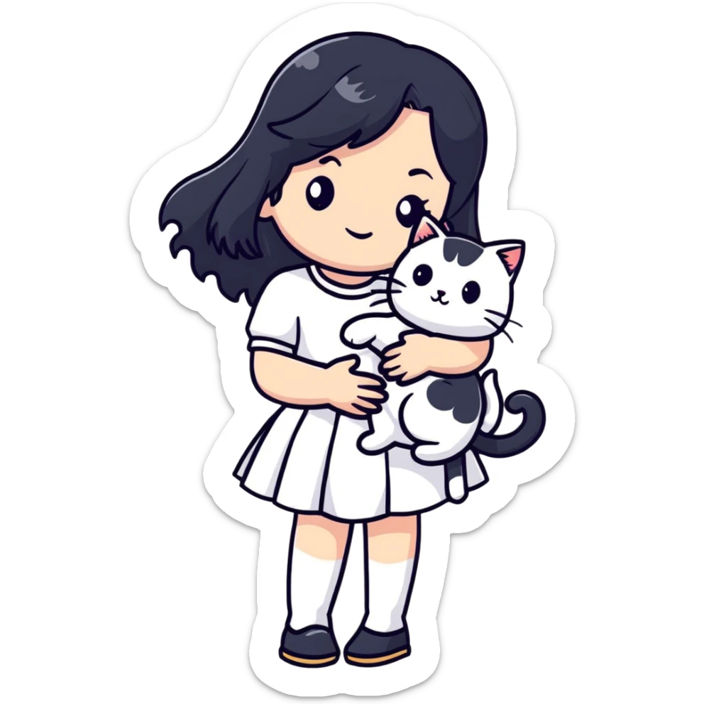 A beautiful girl with long black hair wearing a white skirt holds a cute white cat in her arms sticker