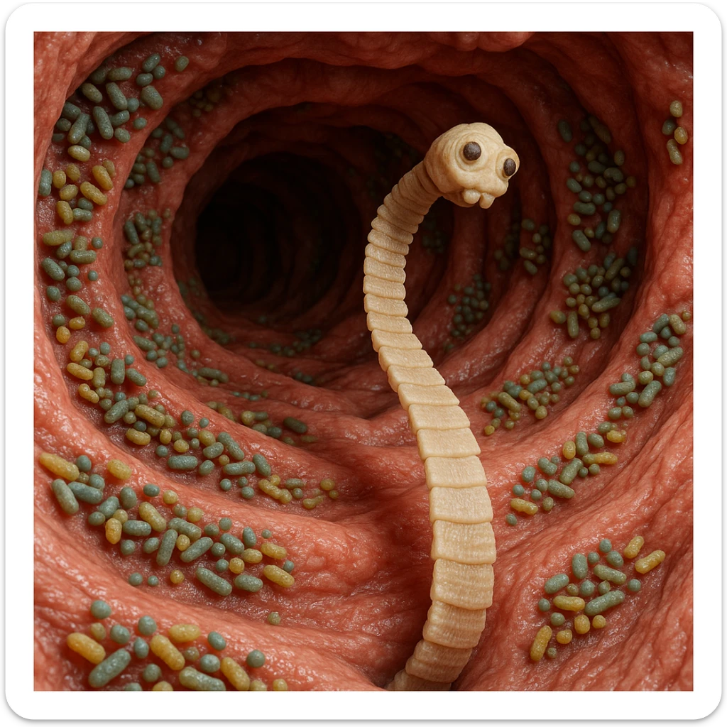 a medical illustration of a human realistic gut with bacteria and parasyte (tenia) realistic 4k real   sticker