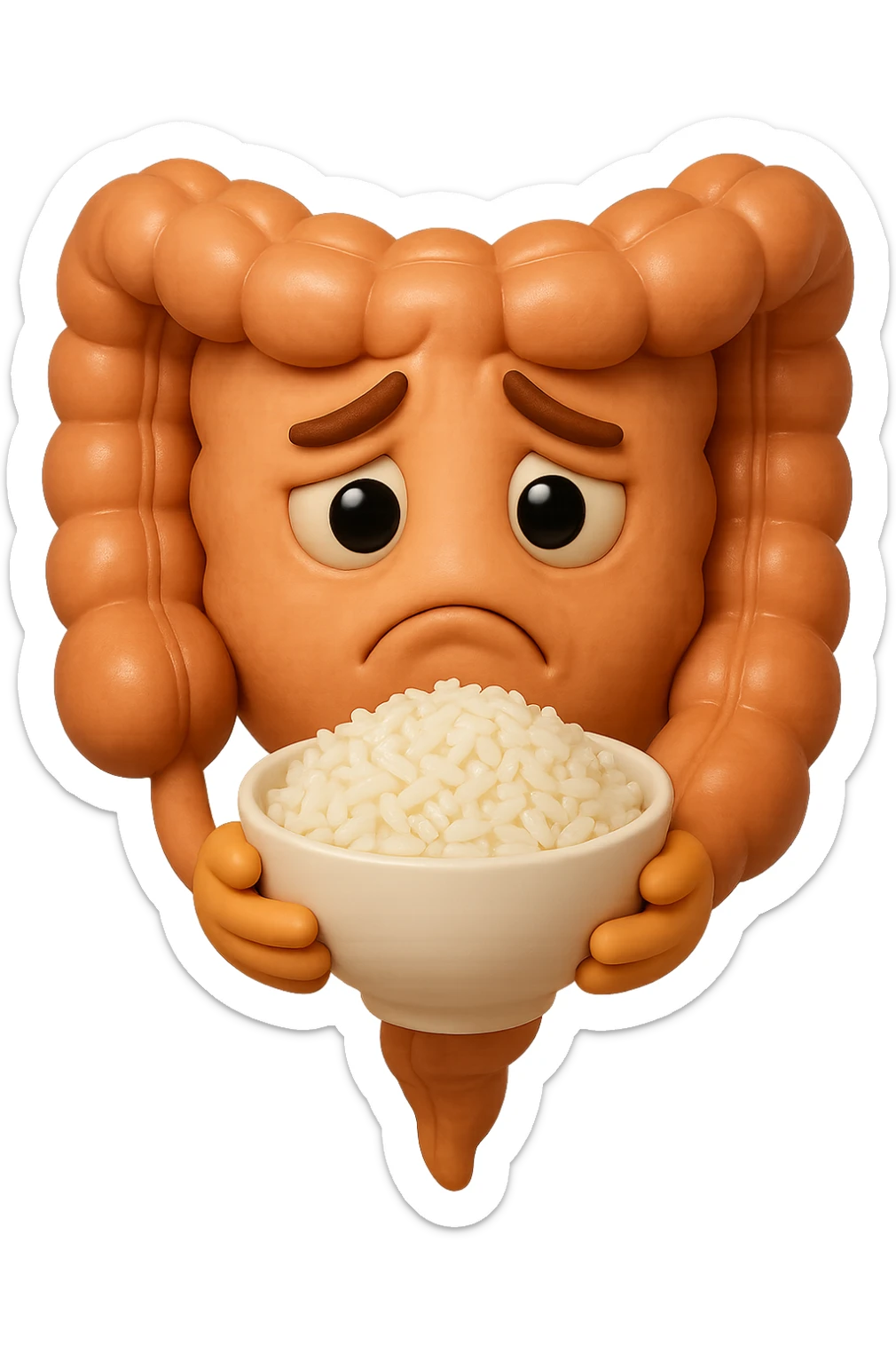 emoji stile iphone 3d di un intestino che guarda una bowl di riso che ha in mano con espressione triste, iperealistico 4k sticker