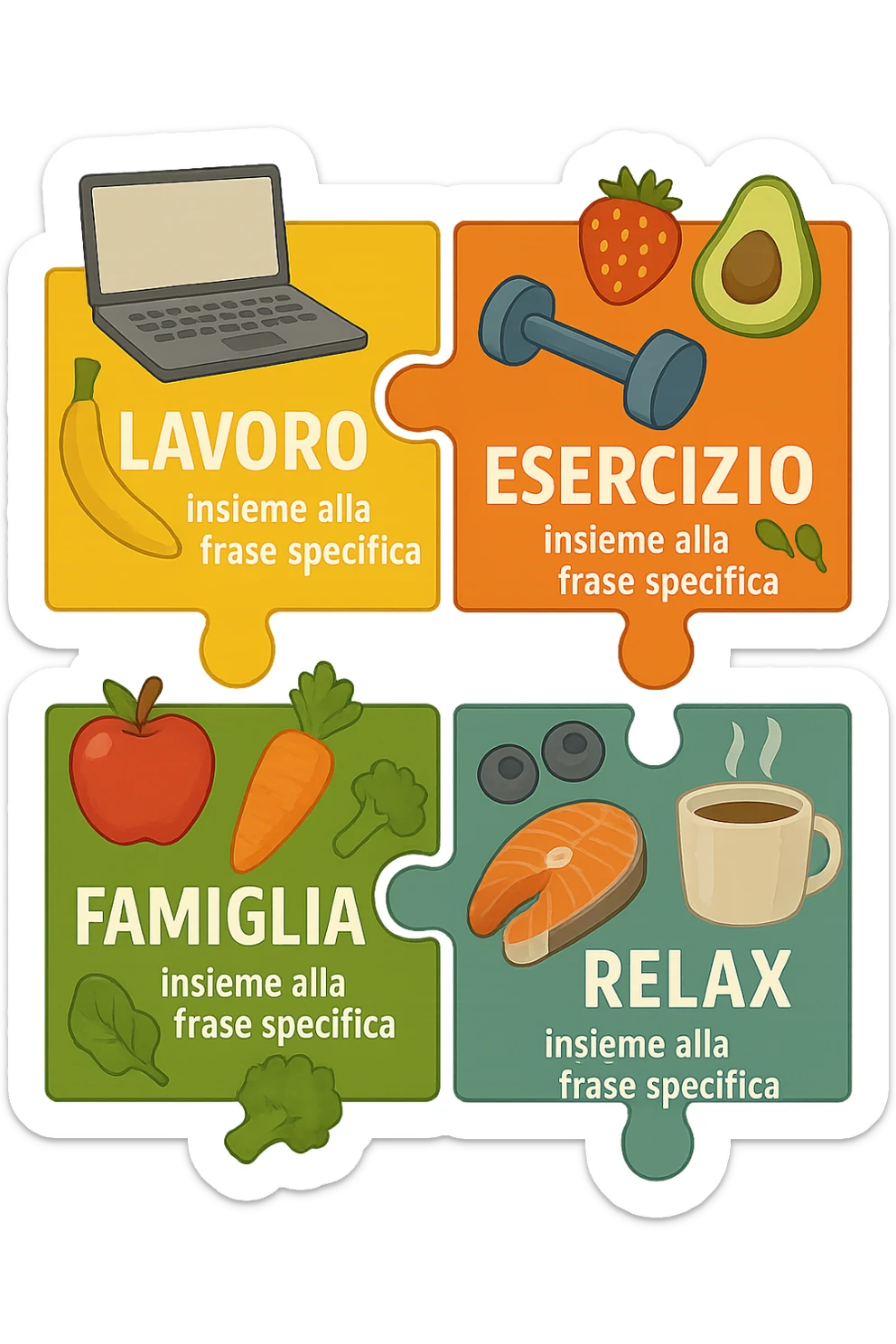Puzzle (Lavoro, Esercizio, Famiglia, Relax), and healthy foods are integrated into each piece. in italiano sticker