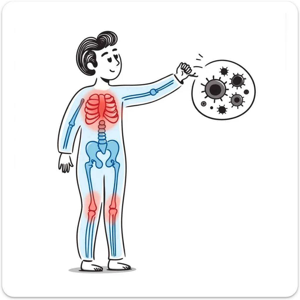 Medical illustration of anti-inflammatory process: transparent human body with highlighted joints, cool blue healing energy neutralizing red inflammation areas, small circular inset showing immune cells becoming calm, clean clinical style with soft futuristic background sticker