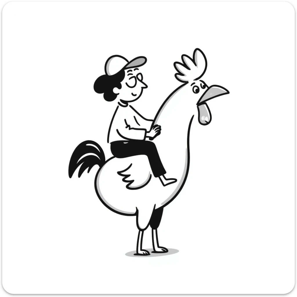 hilarious chicken jockey meme, person riding giant chicken like a jockey, comical, silly internet meme sticker