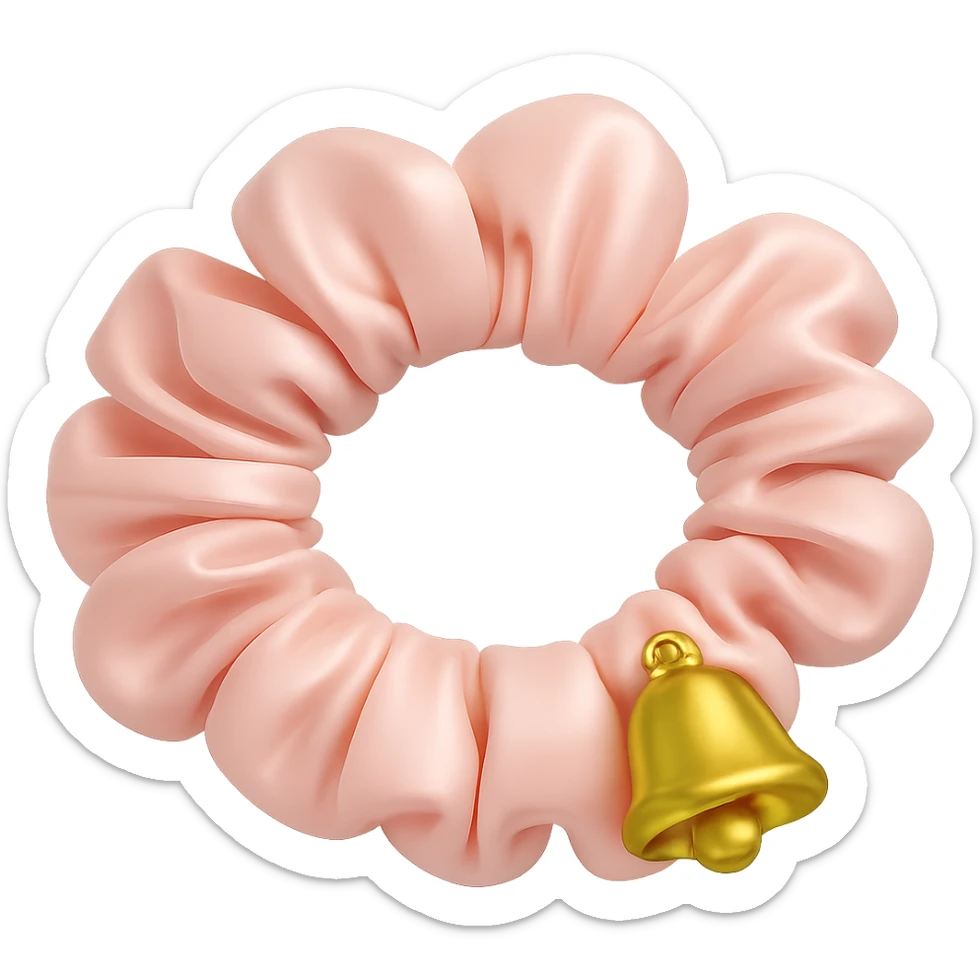 Change the gold star charm to a small Christmas bell charm on the pastel pink silky scrunchie, keep the 3D emoji style and shimmer effect. sticker