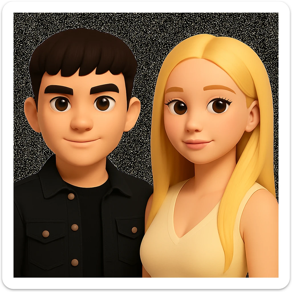 Slightly increase the volume of the upper body of the girl, separate the girl and the boy from each other, and make the skin color the same for both characters. Preserve the cartoonish 3D style in the image. sticker
